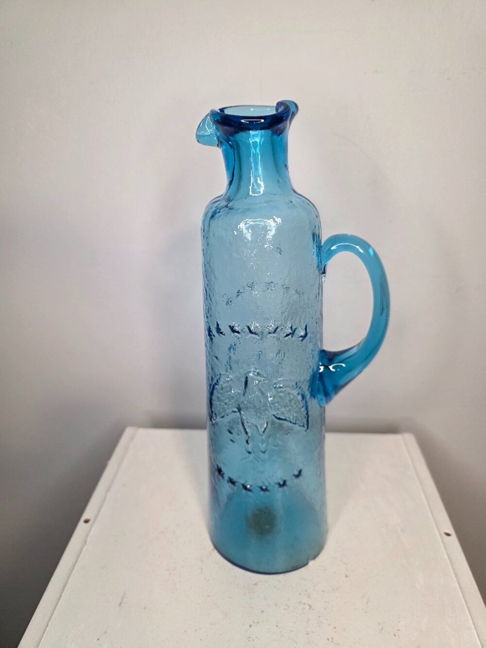 Vintage Bicentennial Eagle Stars Tall Blue Glass Pitcher 12"